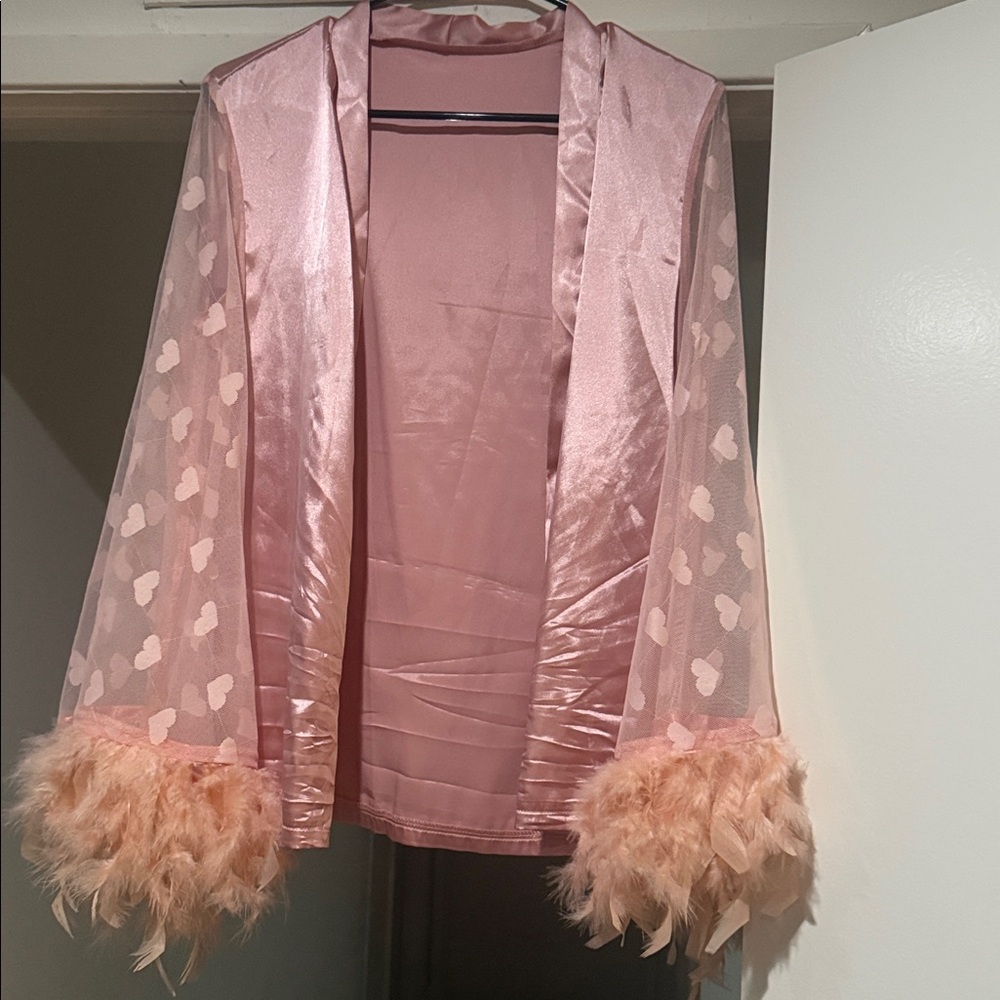 Pink Sheer Kimono with Feather Cuffs